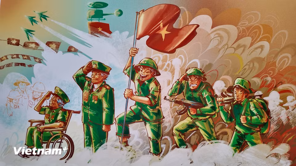 Khối cựu chiến binh, được mô tả vui là khối (diễu hành) không cần đi đều chỉ cần đi đủ, cho thấy sự kính mến và quý trọng của thế hệ trẻ. (Ảnh chụp: Minh Anh/Vietnam+)