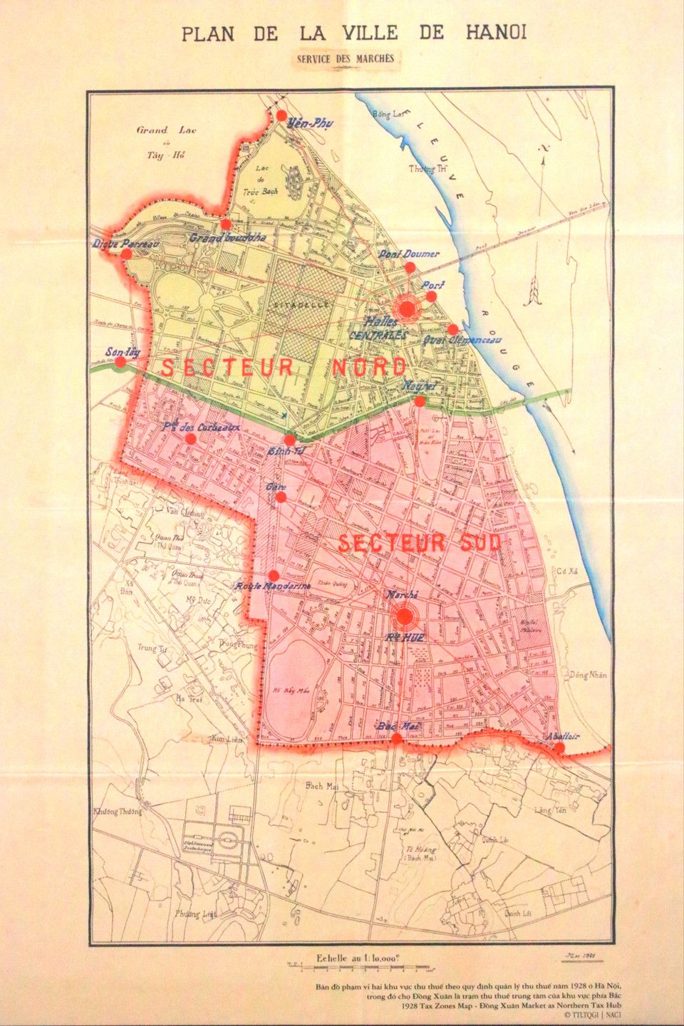 Bản đồ phạm vi hai khu vực thu thuế theo quy định quản lý thuế năm 1928 ở Hà Nội, trong đó chợ Đồng Xuân là trạm thu thuế trung tâm của khu vực phía Bắc. (Ảnh: Trung tâm Lưu trữ Quốc gia I)