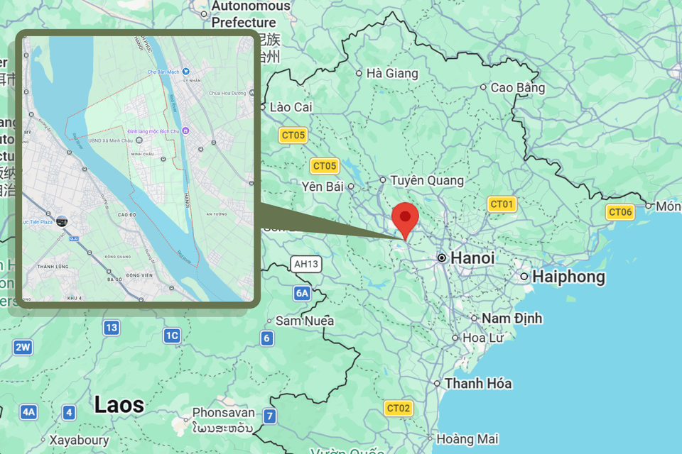 Xã đảo Minh Châu nằm trên một bãi giữa sông Hồng, tọa lạc ở vùng hợp lưu với sông Đà và sông Lô. Nơi đây nằm cách trung tâm Hà Nội khoảng 60km về hướng Tây Bắc, có diện tích khoảng 10,36km². (Ảnh: Minh Anh/Vietnam+)