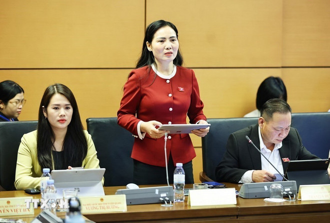 Au Thi Mai, delegada de la Asamblea Nacional de la provincia de Tuyen Quang, habla. (Foto: Minh Duc/VNA) ttxvn-quoc-hoi-thao-luan-ve-mot-so-du-an-luat-sua-doi.jpg