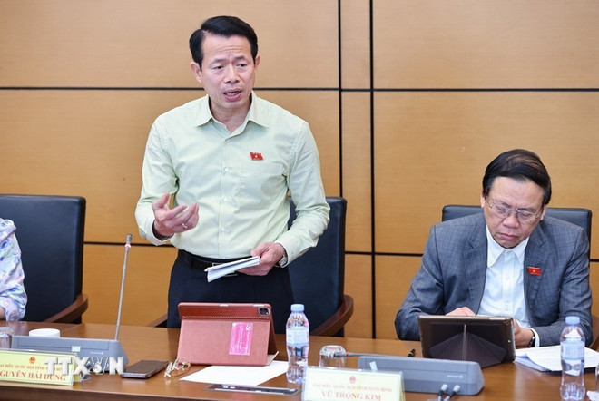 El delegado de la Asamblea Nacional de la provincia de Ninh Binh, Nguyen Hai Dung, habla. (Foto: Minh Duc/VNA) ttxvn-quoc-hoi-thao-luan-ve-mot-so-du-an-luat-sua-doi3.jpg