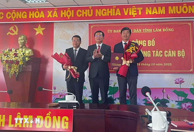 Lam Dong İl Halk Komitesi Başkanı Ho Van Muoi, Sayın Ton Thien San'ın (solda) Maliye Bakanlığı Müdürü olarak atanmasına ve Sayın Phan Nguyen Hoang Tan'ın (sağda) Tarım ve Çevre Bakanlığı Müdürü olarak atanmasına ilişkin Kararı sundu. (Fotoğraf: VNA) ttxvn-lam-dong-thay-doi-nhan-su-lanh-dao-7-so-nganh-dia-phuong2.jpg