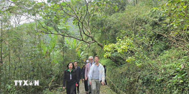 Náměstek ministra zahraničních věcí Vietnamu, velvyslanec Evropské unie ve Vietnamu a pracovní delegace navštívili a prohlédli si historickou památku a malebné místo Yen Tu (Quang Ninh). (Foto: Thanh Van/VNA) ttxvn-quang-ninh-nhip-cau-van-hoa-gan-ket-viet-nam-eu-huong-toi-tuong-lai-ben-vung2.jpg