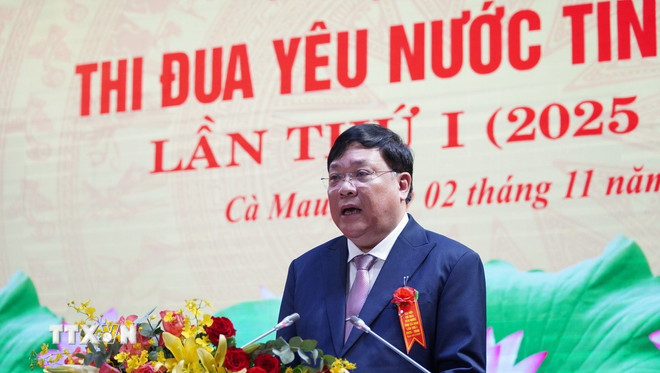 ប្រធានគណៈកម្មាធិការប្រជាជនខេត្ត Ca Mau លោក Pham Thanh Ngai ថ្លែងមតិនៅមហាសន្និបាត។ (រូបថត៖ Chanh Da/VNA) ttxvn-dai-hoi-thi-dua-yeu-nuoc-tinh-ca-mau-lan-thu-nhat2.jpg