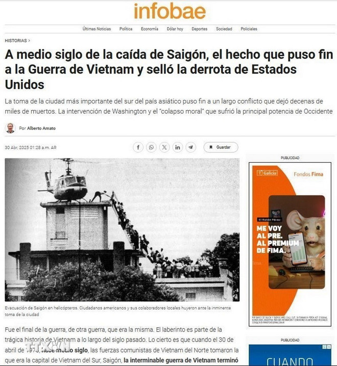 Ảnh chụp màn hình bài viết. (Ảnh: Diệu Hương/TTXVN) ttxvn-truyen-thong-argentina-dua-tin-dam-net-le-ky-niem-50-nam-giai-phong-mien-nam2.jpg