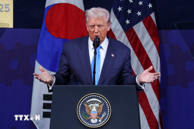 Tổng thống Mỹ Donald Trump phát biểu tại Hội nghị thượng đỉnh doanh nghiệp APEC 2025 ở Gyeongju, Hàn Quốc ngày 29/10/2025. Ảnh: Kyodo/TTXVN
