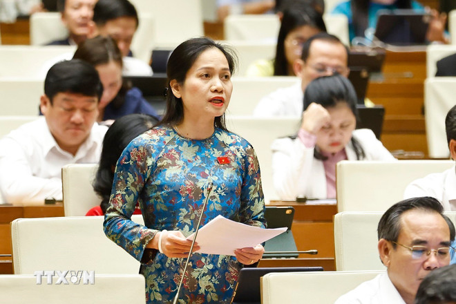 Delegatul Adunării Naționale al provinciei Gia Lai, Siu Huong, vorbește. (Foto: Doan Tan/VNA) ttxvn-quoc-hoi-tiep-tuc-thao-luan-ve-ket-qua-thuc-hien-ke-hoach-phat-trien-kinh-te-xa-hoi-nam-2025-3.jpg