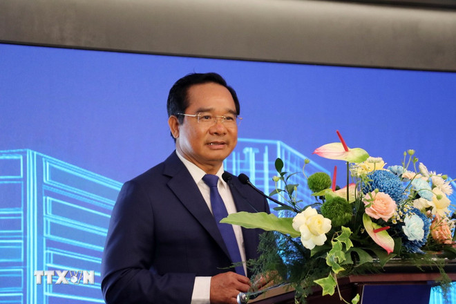 Pengerusi Jawatankuasa Rakyat Bandaraya Ho Chi Minh Nguyen Van Duoc berucap pada majlis itu. (Foto: Tien Luc/VNA) ttxvn-tpho-chi-minh-tap-doan-marvell-khai-truong-3-van-phong-moi-tai-viet-nam2.jpg