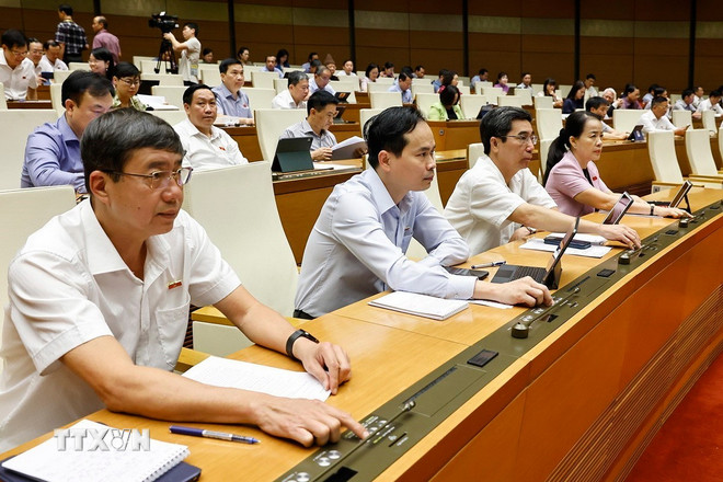 Đại biểu Quốc hội ấn nút biểu quyết thông qua các luật và nghị quyết. (Ảnh: Doãn Tấn/TTXVN)