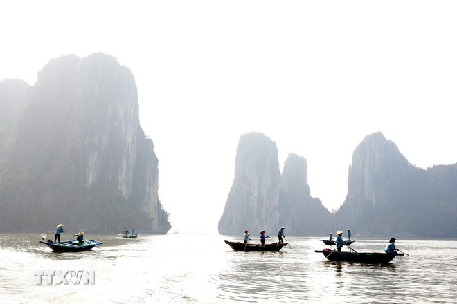 Dọn dẹp vệ sinh môi trường trên vịnh Hạ Long. (Ảnh: Thanh Vân/TTXVN) ttxvn-lam-sach-vinh-ha-long-7597151.jpg