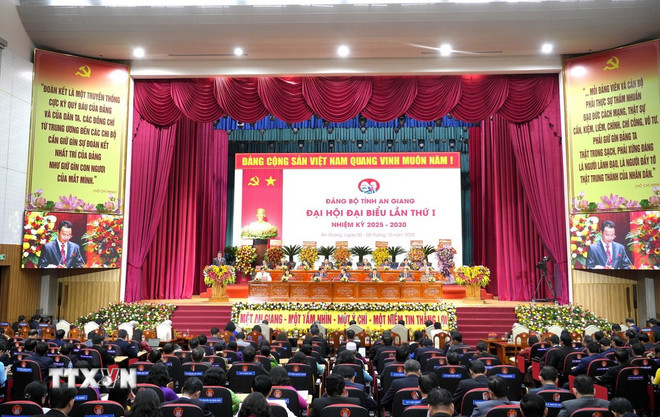 Quang cảnh Đại hội. (Ảnh: Văn Sĩ/TTXVN) ttxvn-be-mac-dai-hoi-dai-bieu-dang-bo-tinh-an-giang4.jpg