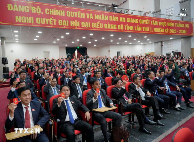 Đại biểu biểu quyết thông qua Nghị quyết của Đại hội. (Ảnh: Văn Sĩ/TTXVN) ttxvn-be-mac-dai-hoi-dai-bieu-dang-bo-tinh-an-giang3.jpg