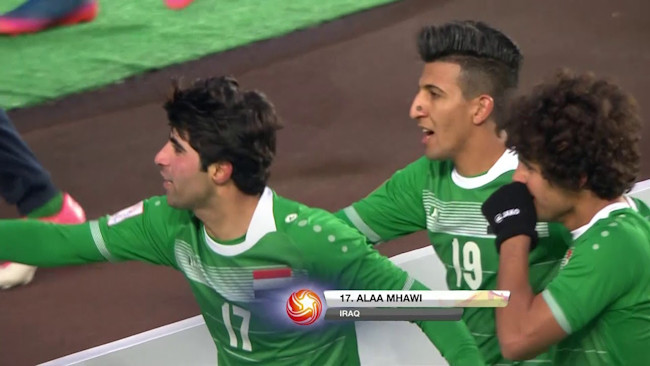 Hậu vệ phải Alaa Mhawi (số 17) là mũi tấn công chủ lực của U23 Iraq. Anh cũng là chủ nhân một trong năm bàn thắng đẹp nhất vòng bảng. Mới 22 tuổi, Alaa Mhawi đã có 15 trận khoác áo tuyển quốc gia Iraq. (Ảnh: AFC)