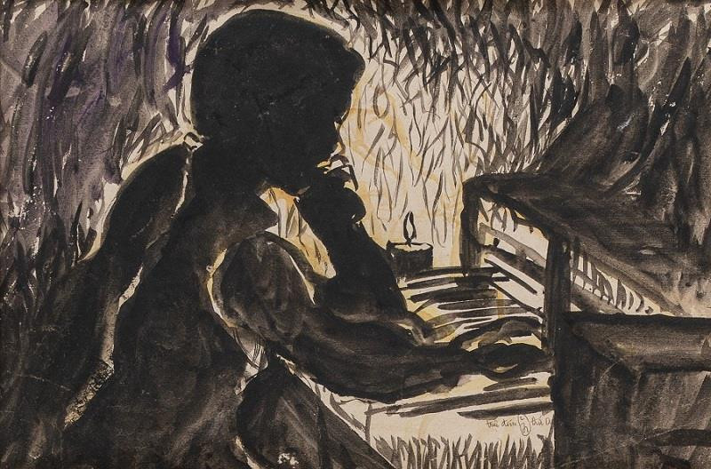 Trực đêm, 1971 - Màu nước trên giấy, 38 x 25 cm – Họa sĩ Nguyễn Đức Dụ