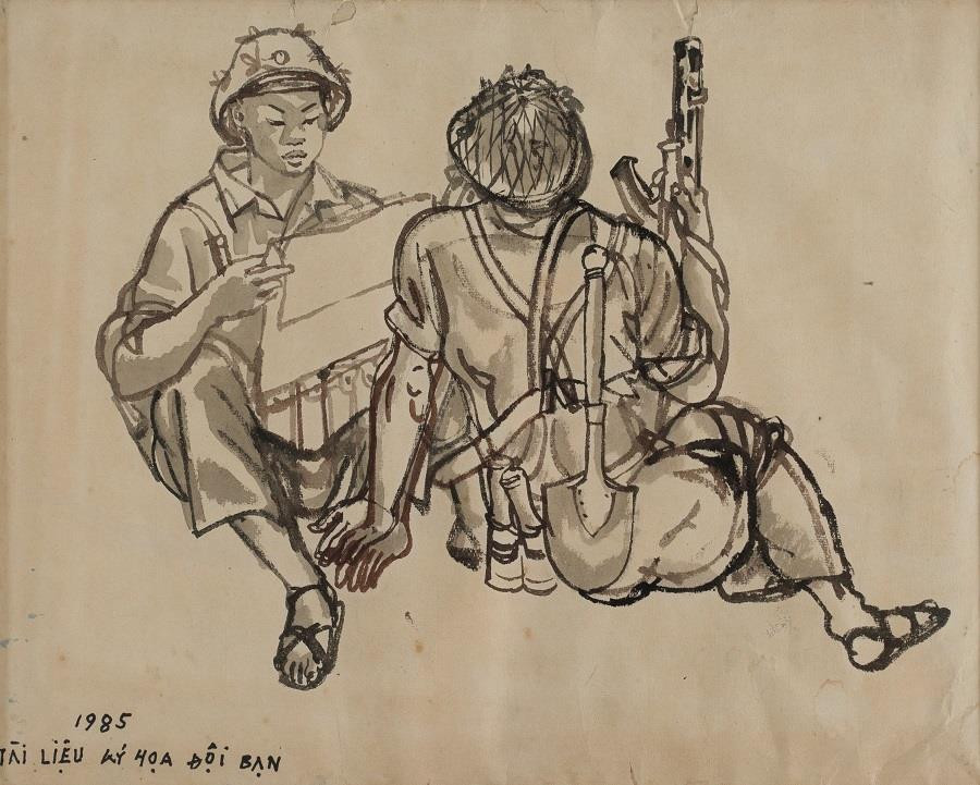 Tài liệu kí họa đội bạn, 1985 - Màu nước trên giấy, 39 x 31 cm – Họa sĩ Đào Đức