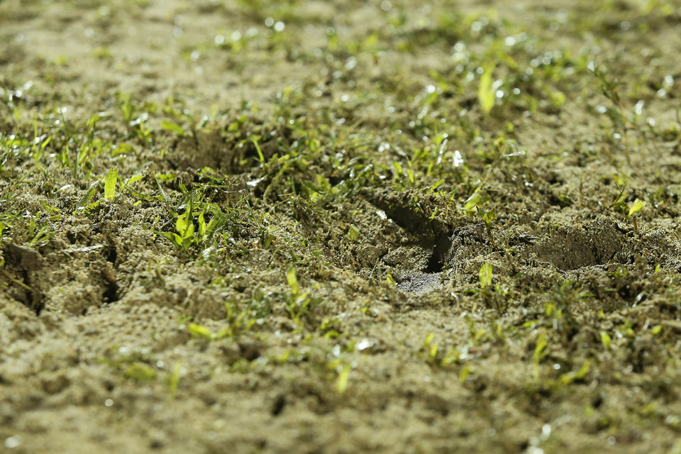 Chỉ cần vài động tác xoạc chân, các cầu thủ sẽ để lại những đụn cát như thế này trên mặt sân. (Ảnh: Minh Chiến/Vietnam+)