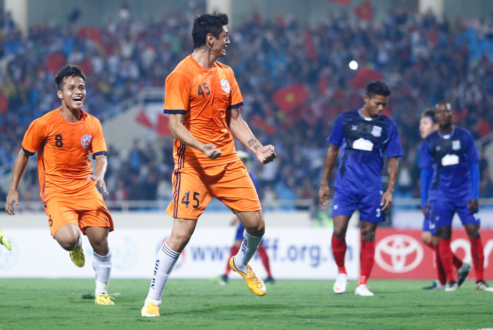 Phút 22, tân binh Britez Ezequiel David ghi bàn mở tỷ số cho SHB Đà Nẵng. (Ảnh: Minh Chiến/Vietnam+)