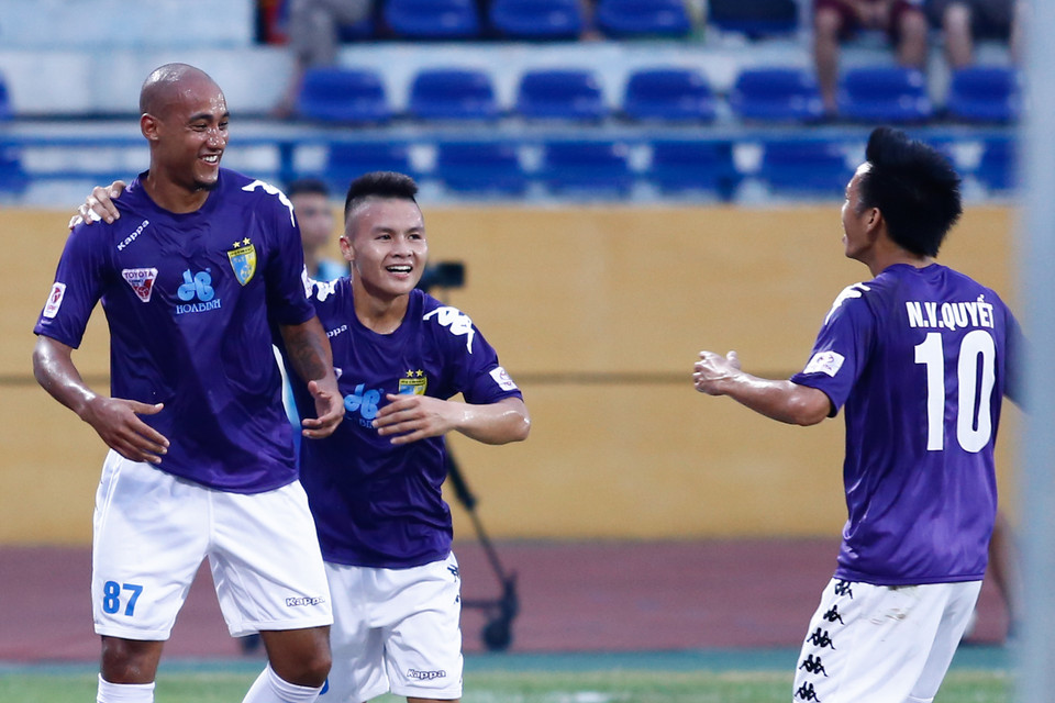 Đây là pha lập công đầu tiên của cựu tiền đạo PSG ở V-League trong màu áo Hà Nội T&amp;T. (Ảnh: Minh Chiến/Vietnam+)