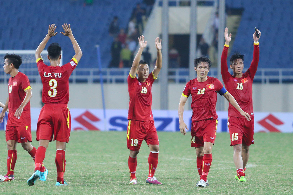 Tuyển Việt Nam có 3 điểm đầu tiên ở AFF Suzuki Cup 2014. (Ảnh: Minh Chiến/Vietnam+)
