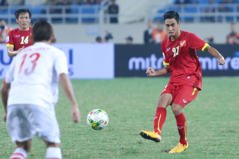 Vũ Minh Tuấn mở tỷ số ở phút 27 sau một tình huống băng xuống dứt điểm. Anh cũng được ông Miura khen ngợi rất nhiều sau trận đấu. (Ảnh: Minh Chiến/Vietnam+)