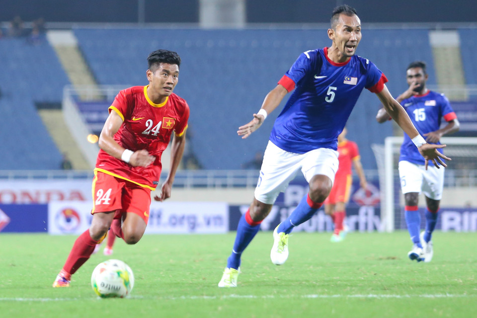 Hải Anh thay thế Anh Đức ở vị trí đá cắm. Anh có khá nhiều cơ hội trong hiệp một. (Ảnh: Minh Chiến/Vietnam+)