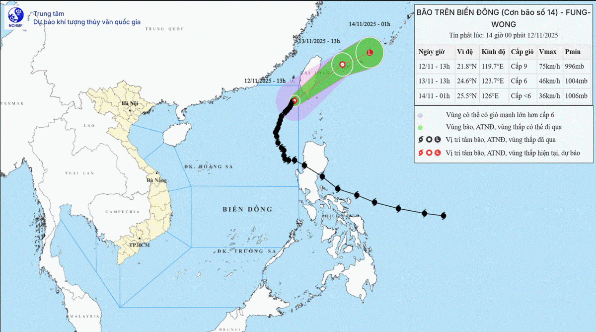 Vị trí tâm bão ở vào khoảng 21,8 độ Vĩ Bắc; 119,7 độ Kinh Đông, trên vùng biển phía Đông Bắc của khu vực Bắc Biển Đông. (Ảnh: Trung tâm Khí tượng Thủy văn Quốc gia)