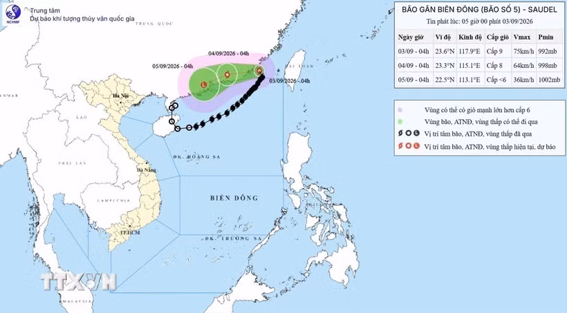 Hướng di chuyển của bão số 5 lúc 4 giờ ngày 3/9. (Nguồn: Trung tâm Dự báo Khí tượng Thủy văn Quốc gia/TTXVN phát)