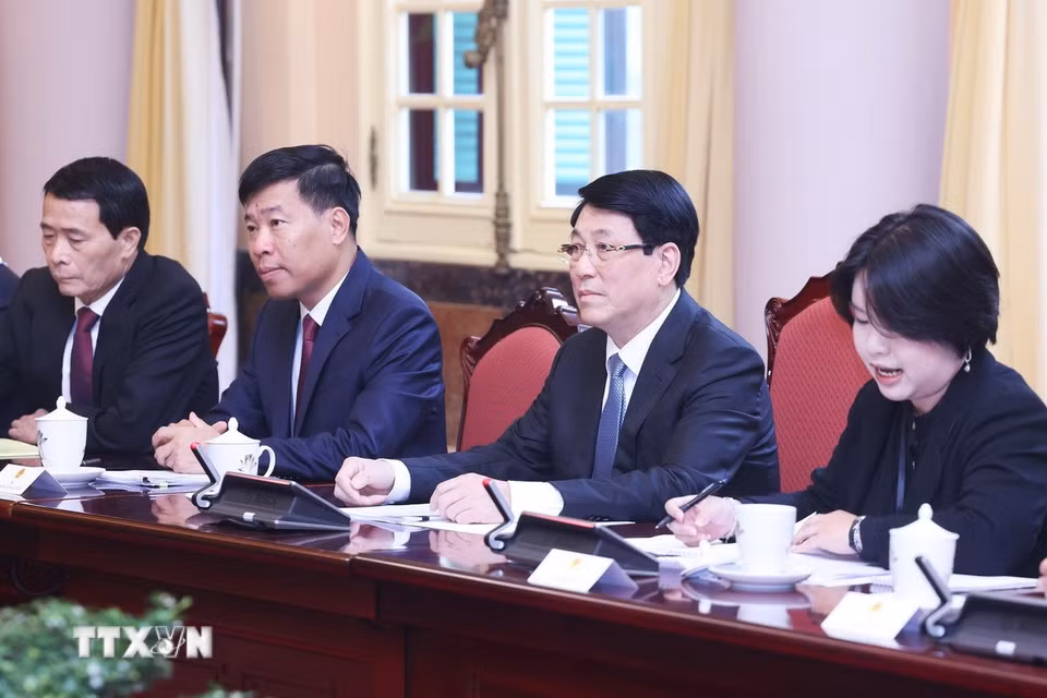 Chủ tịch nước Lương Cường tiếp Đại sứ, Trưởng Phái đoàn Liên minh châu Âu Julien Guerrie và đại sứ, đại biện các nước thành viên EU tại Việt Nam. (Ảnh: Lâm Khánh/TTXVN)