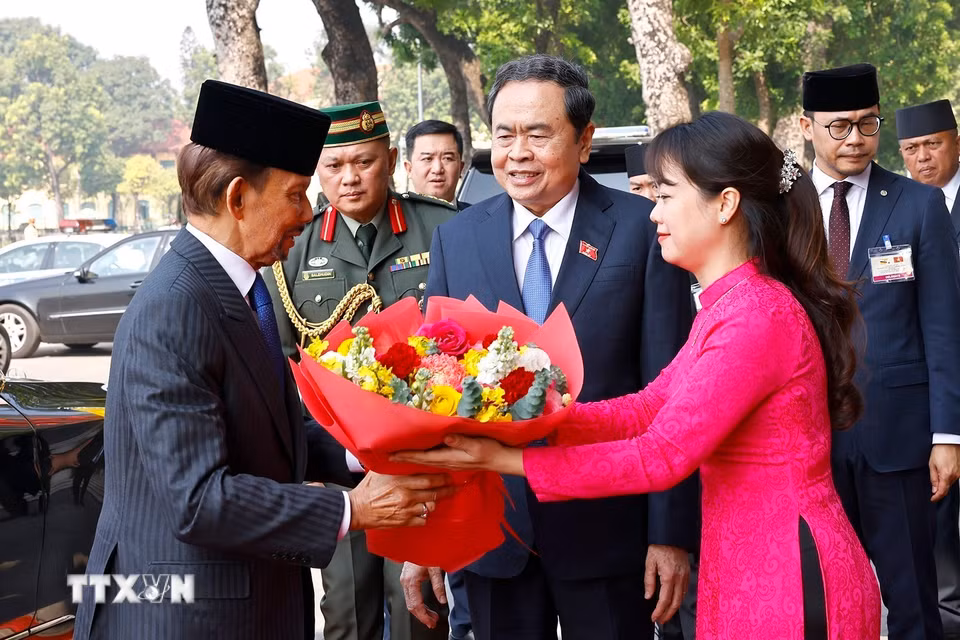 Chủ tịch Quốc hội Trần Thanh Mẫn đón Quốc vương Brunei Darussalam Haji Hassanal Bolkiah. (Ảnh: Doãn Tấn/TTXVN)