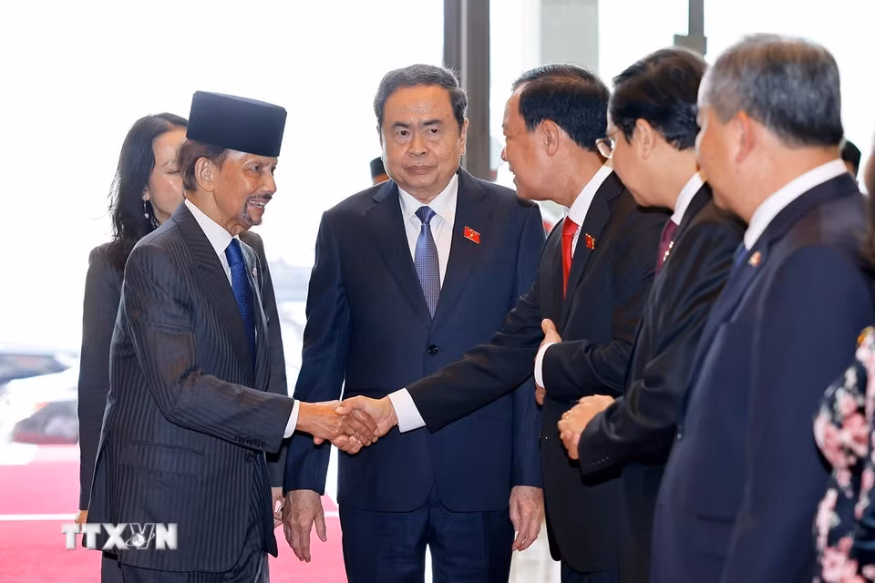 Chủ tịch Quốc hội Trần Thanh Mẫn và đoàn đại biểu Việt Nam đón Quốc vương Brunei Darussalam Haji Hassanal Bolkiah. (Ảnh: Doãn Tấn/TTXVN)