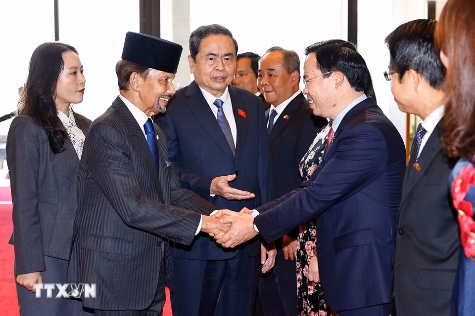 Chủ tịch Quốc hội Trần Thanh Mẫn và đoàn đại biểu Việt Nam đón Quốc vương Brunei Darussalam Haji Hassanal Bolkiah. (Ảnh: Doãn Tấn/TTXVN)