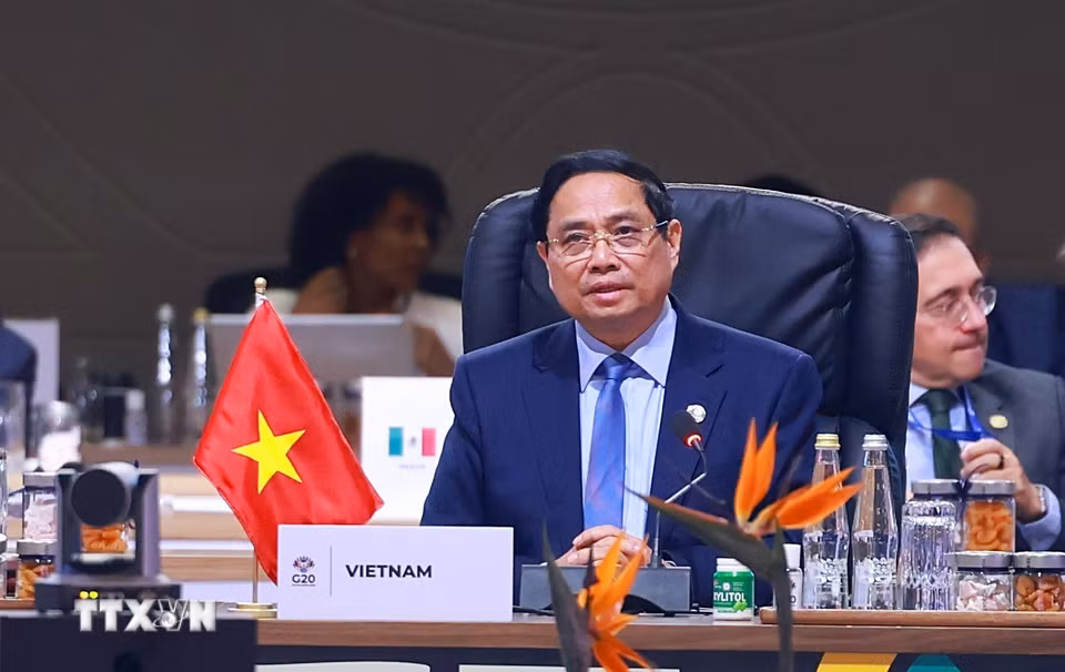 Thủ tướng Phạm Minh Chính phát biểu tại Phiên thảo luận III Hội nghị Thượng đỉnh G20. (Ảnh: Dương Giang/TTXVN)