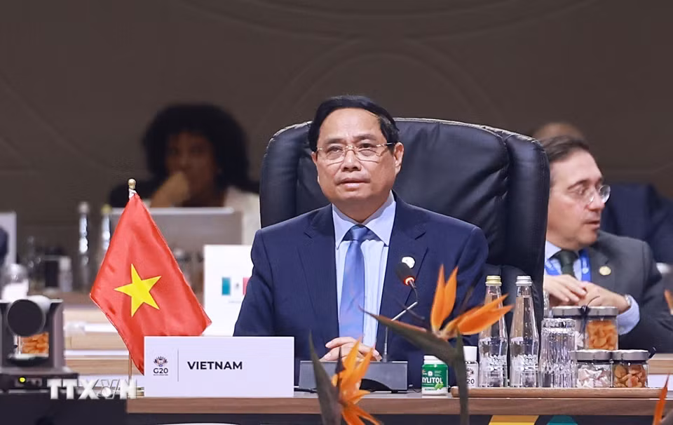 Thủ tướng Phạm Minh Chính phát biểu tại Phiên thảo luận III Hội nghị Thượng đỉnh G20. (Ảnh: Dương Giang/TTXVN)