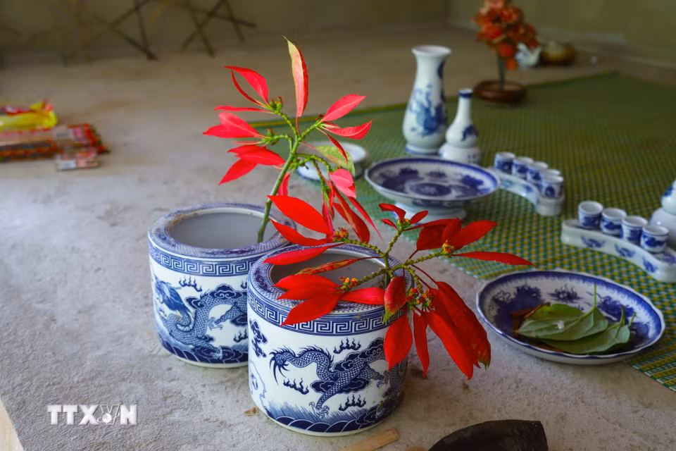 Hoa trạng nguyên có màu đỏ thắm được lựa chọn, hái trong rừng về cắm trong không gian thờ của đền với mong muốn những điều may mắn đến với bản làng, xua tan đi những điều đen đủi trong năm cũ. (Ảnh: Xuân Tiến/TTXVN)