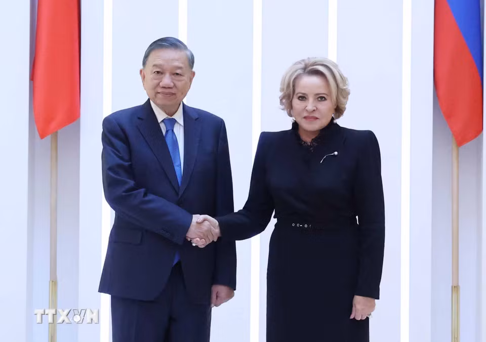 Tổng Bí thư, Chủ tịch nước Tô Lâm hội kiến Chủ tịch Thượng viện Nga Valentina Matvienko. (Ảnh: Thống Nhất/TTXVN)