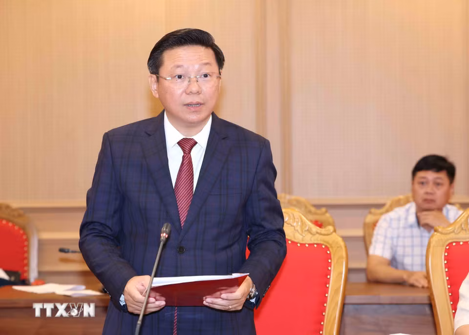 Đồng chí Trần Thanh Lâm, Ủy viên Trung ương Đảng, Phó Trưởng Ban Thường trực Ban Tuyên giáo Trung ương, Bí thư Đảng ủy cơ quan Ban Tuyên giáo Trung ương nhiệm kỳ 2025-2030 phát biểu nhận nhiệm vụ. (Ảnh: Phương Hoa/TTXVN)