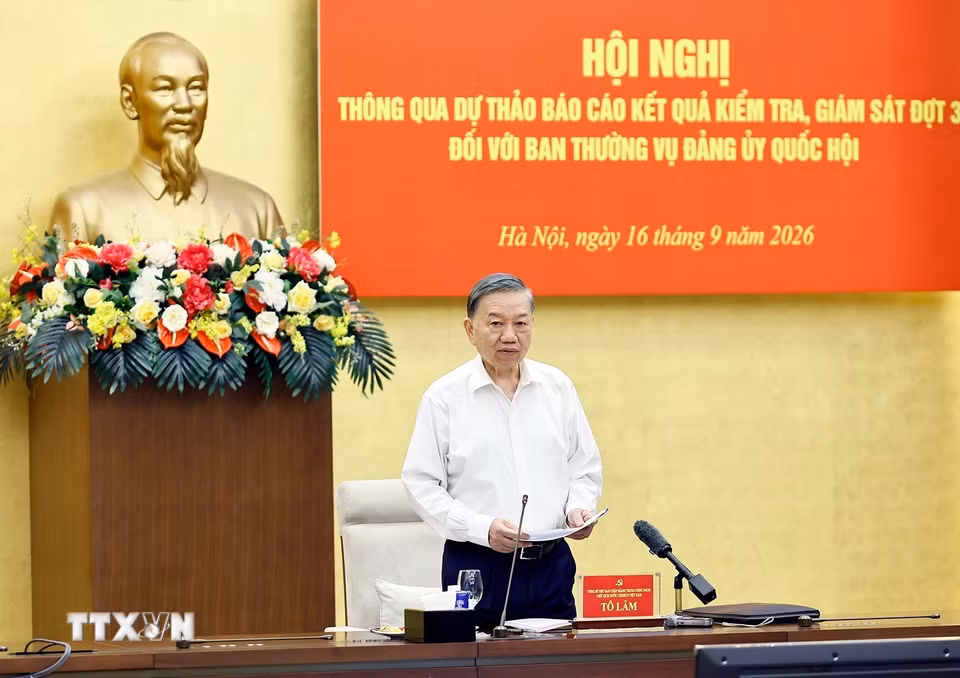 Tổng Bí thư, Chủ tịch nước Tô Lâm, Trưởng Đoàn Kiểm tra, giám sát số 218 phát biểu. (Ảnh: Doãn Tấn/TTXVN)