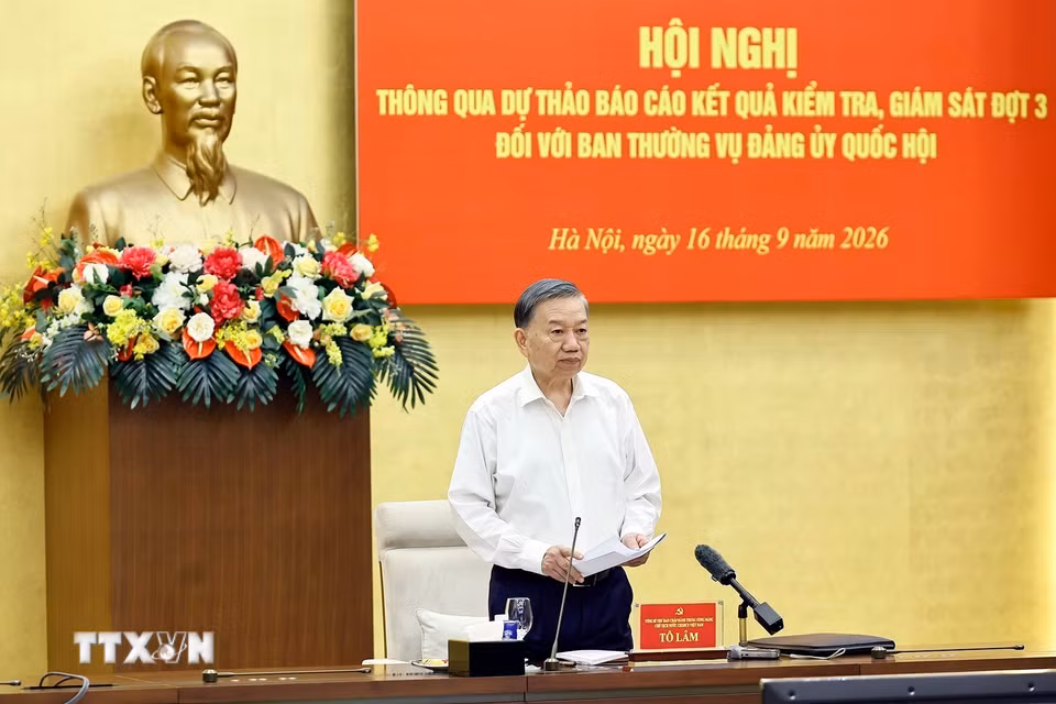 Tổng Bí thư, Chủ tịch nước Tô Lâm, Trưởng Đoàn Kiểm tra, giám sát số 218 phát biểu. (Ảnh: Doãn Tấn/TTXVN)