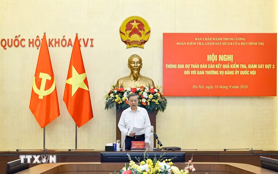 Tổng Bí thư, Chủ tịch nước Tô Lâm, Trưởng Đoàn Kiểm tra, giám sát số 218 phát biểu. (Ảnh: Doãn Tấn/TTXVN)