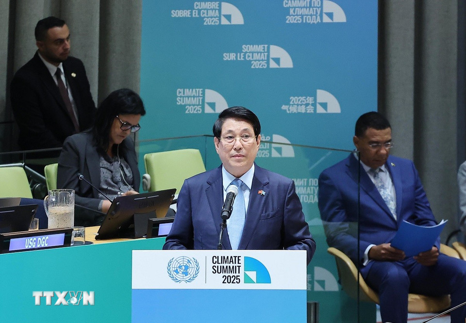 Chủ tịch nước Lương Cường phát biểu tại sự kiện cấp cao toàn cầu đặc biệt về Hành động khí hậu. (Ảnh: Lâm Khánh/TTXVN)