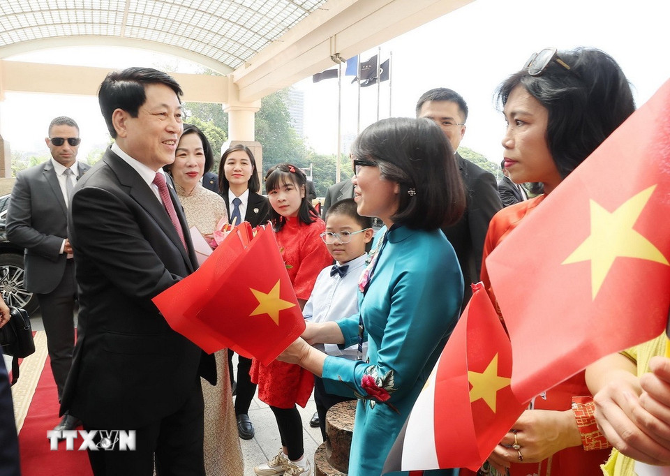 Kiều bào đón Chủ tịch nước Lương Cường và Phu nhân tại Thủ đô Cairo, Ai Cập. (Ảnh: Lâm Khánh/TTXVN)