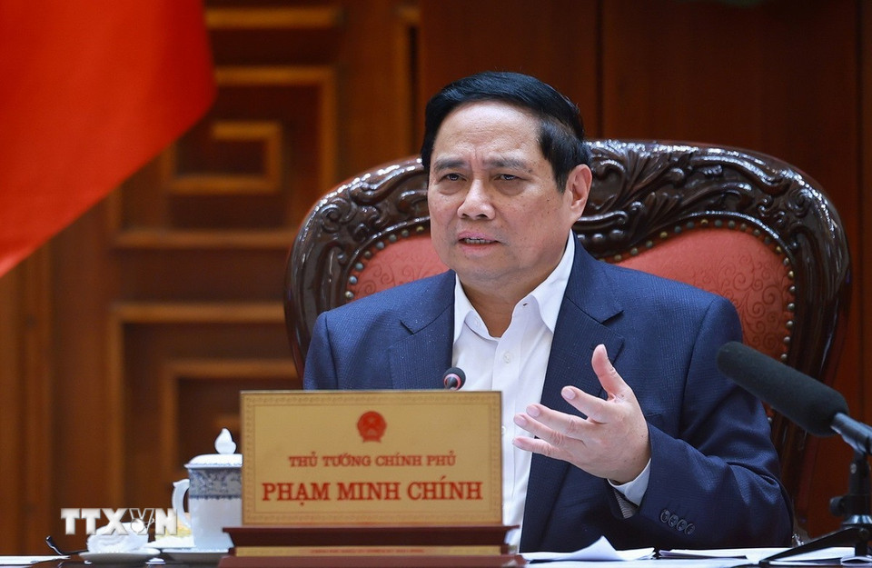 Thủ tướng Phạm Minh Chính chủ trì họp Thường trực Chính phủ về công tác chuẩn bị tổ chức Lễ khởi công, khánh thành, thông xe kỹ thuật các công trình, dự án trọng điểm. (Ảnh: Dương Giang/TTXVN)