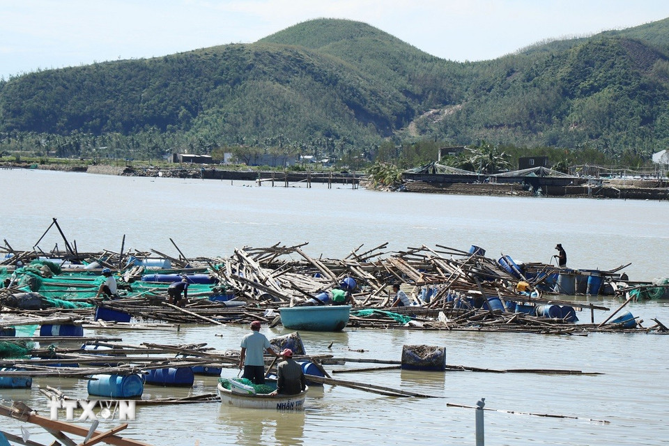 Người dân kiểm tra tình hình thiệt hại sau cơn bão. (Ảnh: Tuấn Anh/TTXVN)