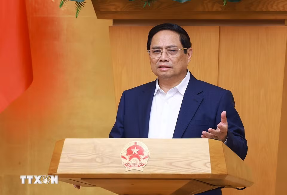 Thủ tướng Phạm Minh Chính chủ trì phiên họp Chính phủ thường kỳ tháng 5 năm 2025. (Ảnh: Dương Giang/TTXVN)