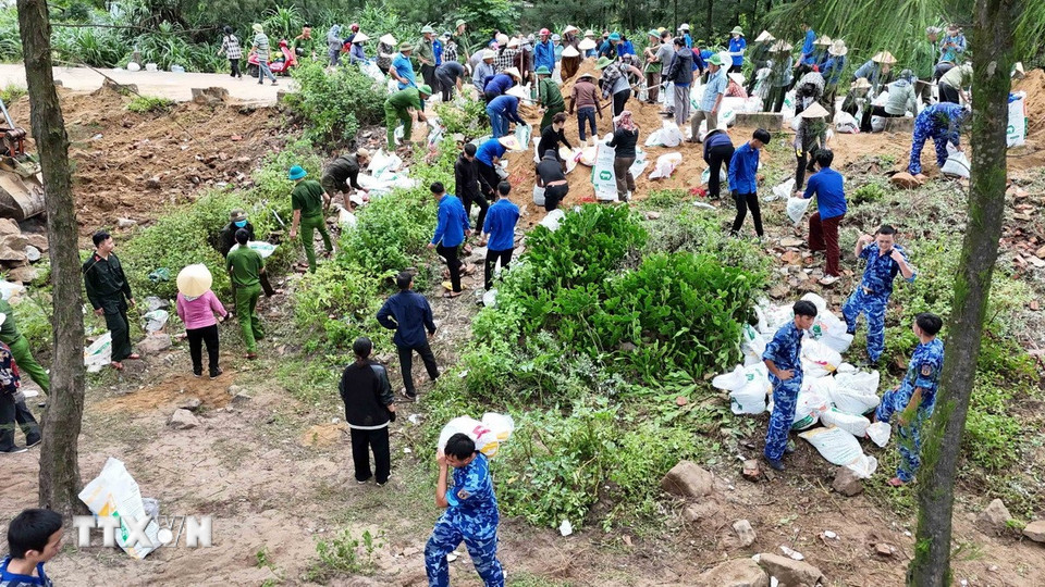 Các lực lượng tham gia gia cố tuyến đê Hội Thống. (Ảnh: Hữu Quyết/TTXVN)