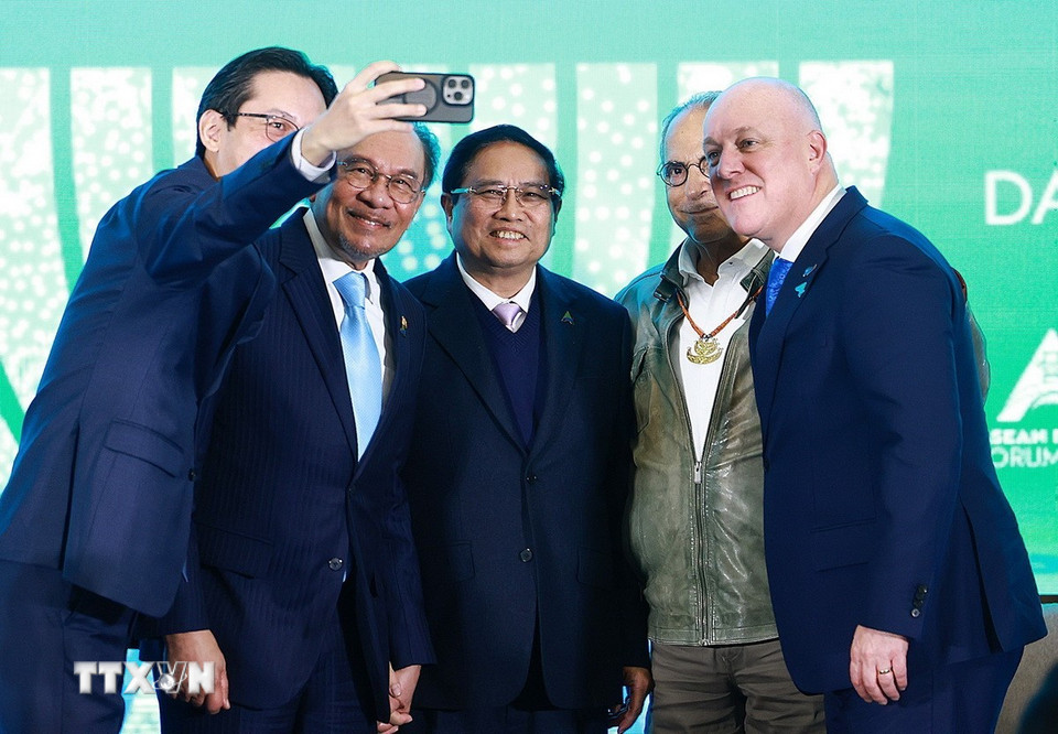 Thủ tướng Phạm Minh Chính và Thủ tướng Malaysia Anwar bin Ibrahim, Thủ tướng New Zealand Christopher Luxon, Tổng thống Timor-Leste Jose Ramos-Horta tại diễn đàn. (Ảnh: Dương Giang/TTXVN)