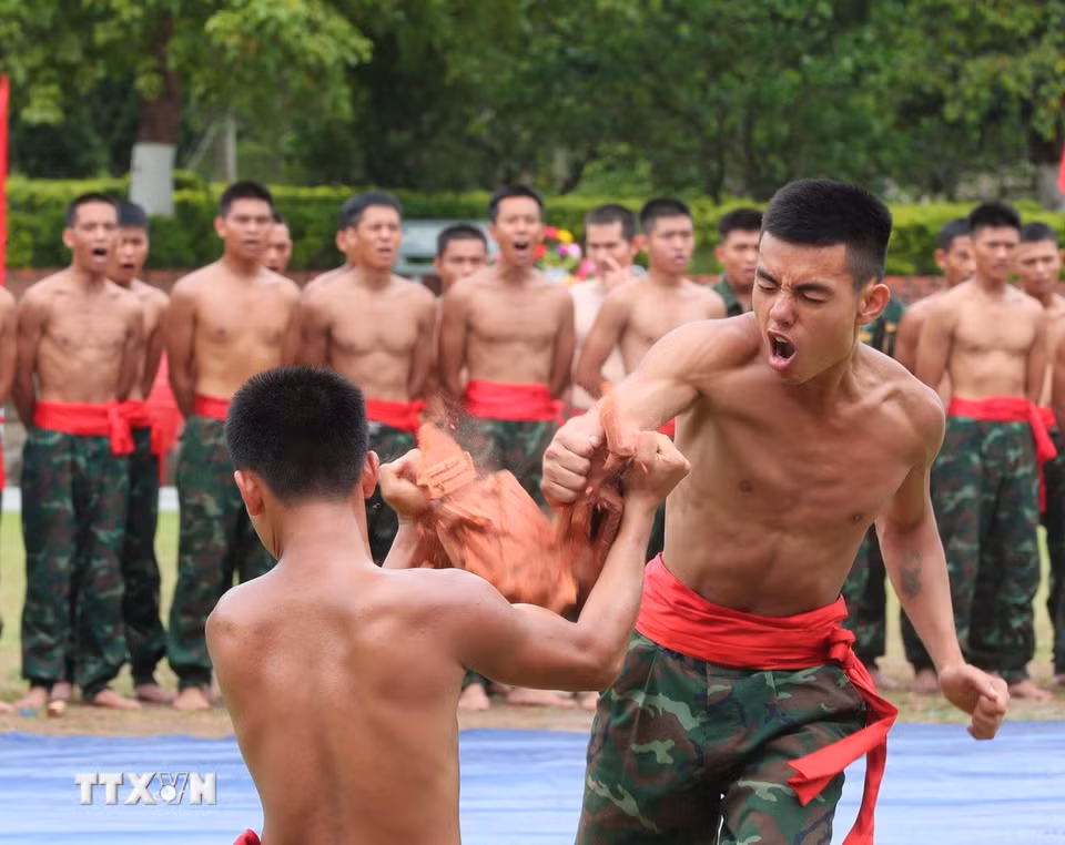 Biểu diễn công phá đập ngói trên đầu của chiến sỹ nhập ngũ năm 2025. (Ảnh: Trọng Đức/TTXVN)