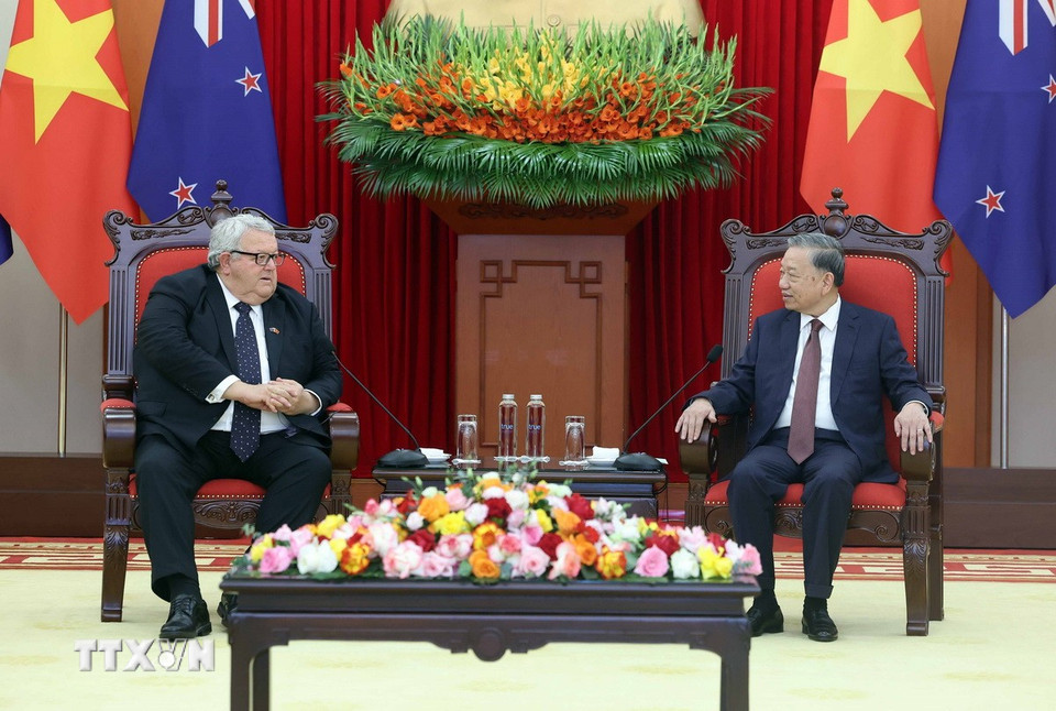 Tổng Bí thư Tô Lâm tiếp Chủ tịch Quốc hội New Zealand Gerry Brownlee. (Ảnh: Thống Nhất/TTXVN)