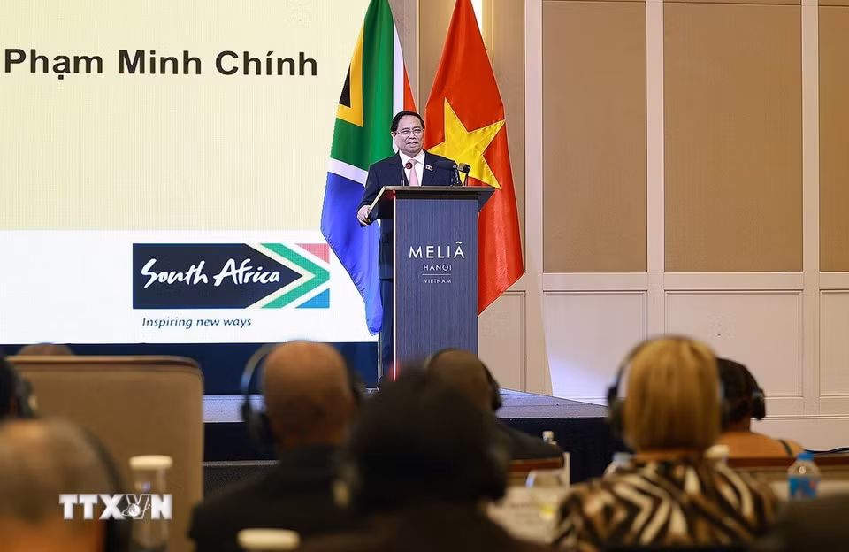 Thủ tướng Phạm Minh Chính phát biểu tại Diễn đàn doanh nghiệp Việt Nam-Nam Phi. (Ảnh: Dương Giang/TTXVN)