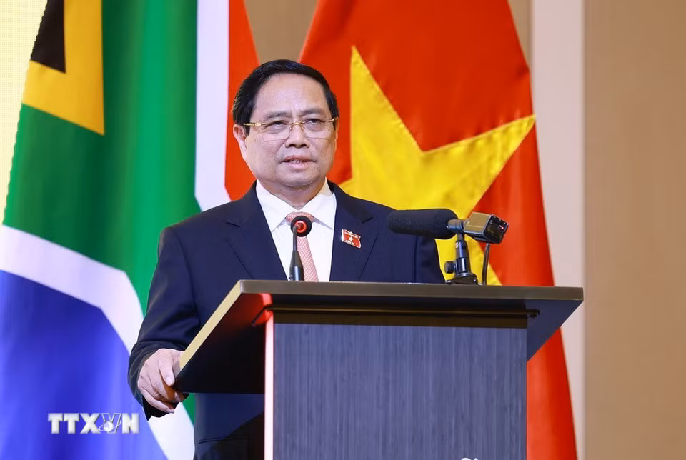 Thủ tướng Phạm Minh Chính phát biểu tại Diễn đàn doanh nghiệp Việt Nam-Nam Phi. (Ảnh: Dương Giang/TTXVN)